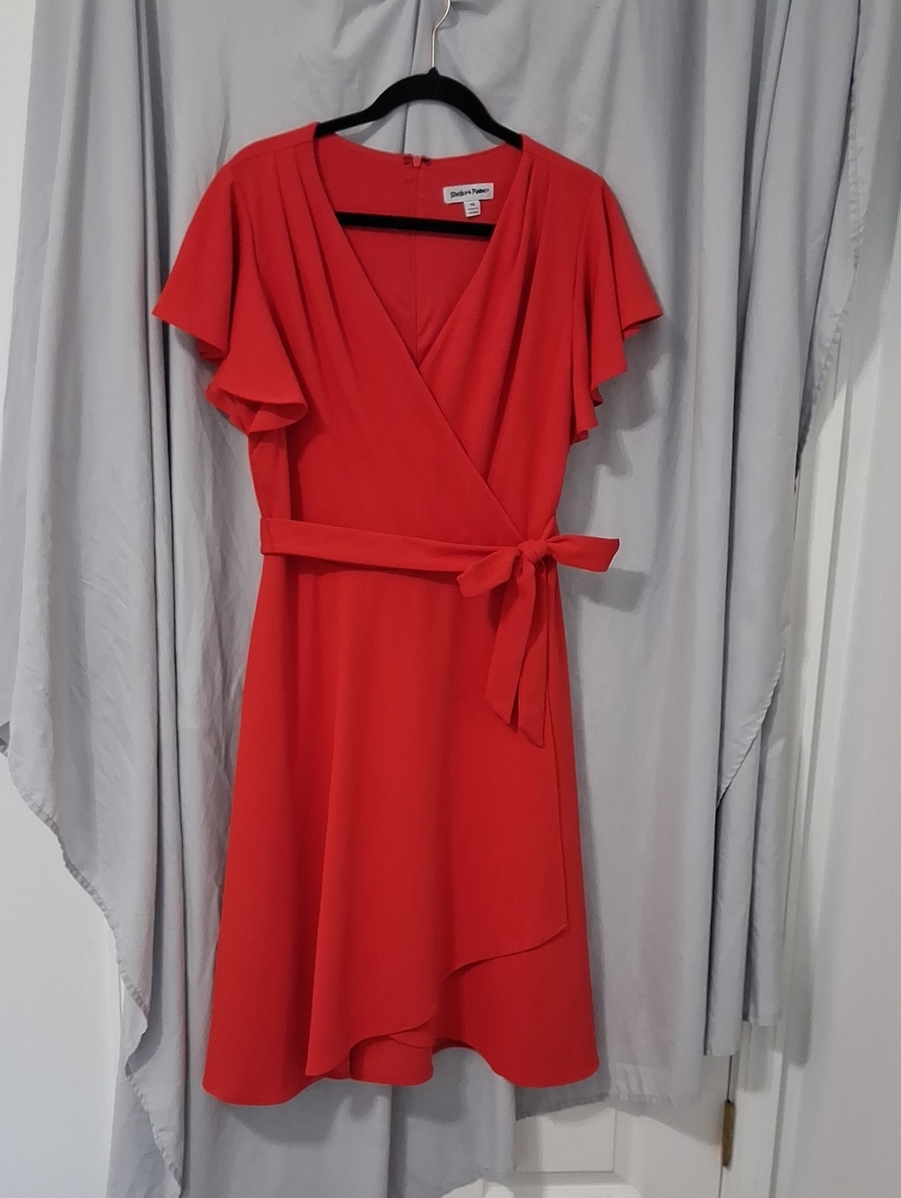 Shelby & Palmer Coral-Red Wrap Midi Dress with Tie Waist
